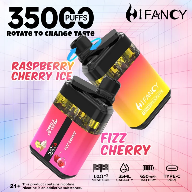 HIFANCY TWINS 35000 - Raspberry Cherry lce & Peach Mango Watemmelon (2) HIFANCY TWINS 35000 - Framboos-kersijs & Perzik-mango-watermeloen (2)