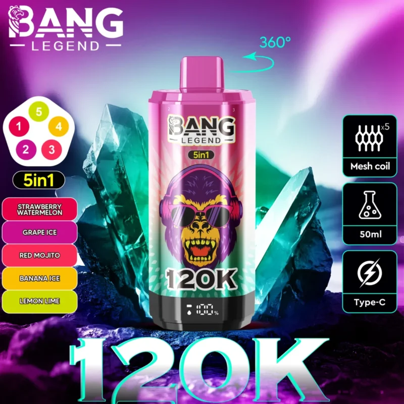 Puff 120k Bang Legend 120k - strawberry-watermelon-grape-ice-red-mojito-banana-ice-lemon-lime.jpg Puff 120k Bang Legend 120k - aardbei-watermeloen-druif-ijs-rode mojito-banaan-ijs-citroen-limoen.jpg