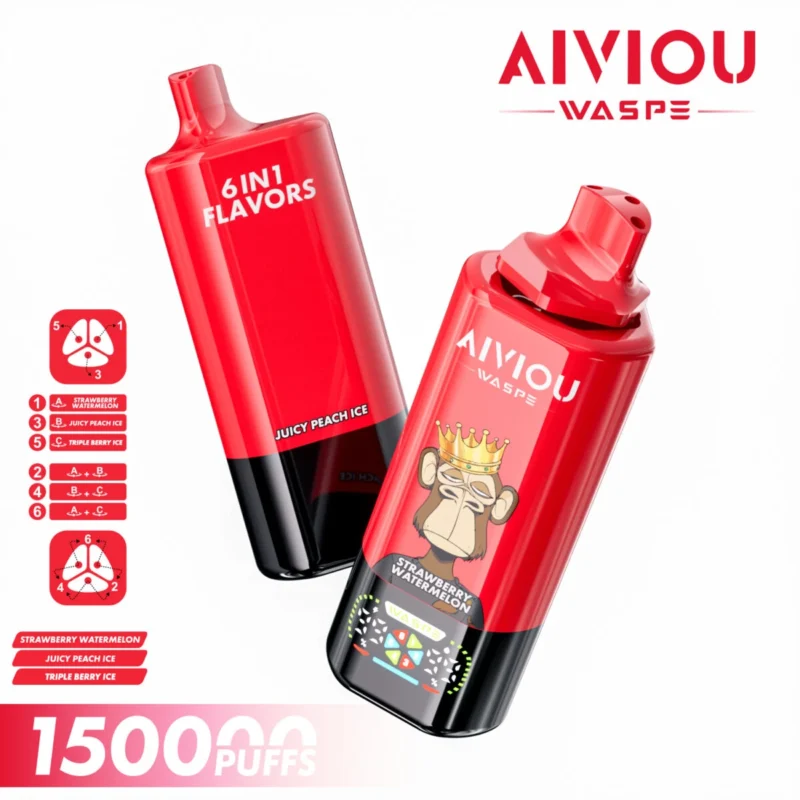 150k Vape Waspe Aiviou 150000 6 in 1 - Strawberry Watermelon & Juicy Peach Ice & Triple Berry Ice 150k Vape Waspe Aiviou 150000 6 in 1 - Aardbei Watermeloen & Sappig Perzikijs & Drievoudig Bessenijs