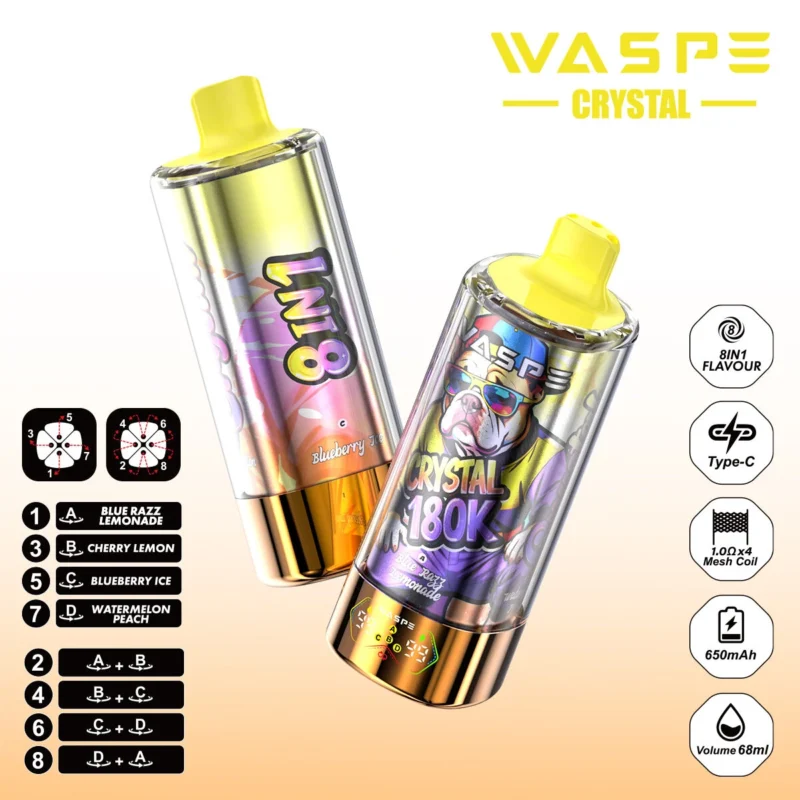 180k Vape Waspe Crystal 180K 8 in 1 - BLUE RAZZLEMONADE & CHERRY LEMON & BLUEBERRY ICE & WATERMELON PEACH (2)