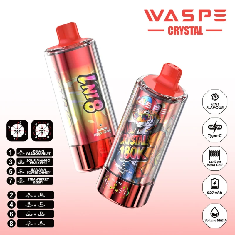 180k Vape Waspe Crystal 180K 8 in 1 - MELON PASSION FRUIT & SOUR MANGO PINEAPPLE & BANANA TOFFEE CANDY & STRAWBERRYBERRY (3)