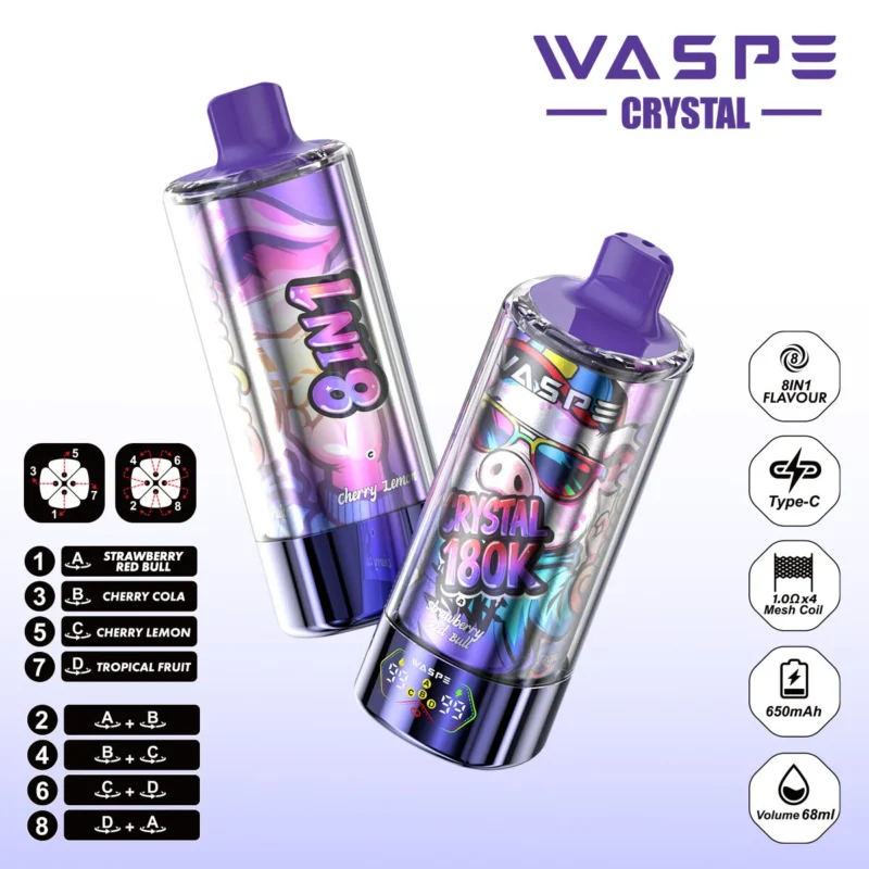 180k Vape Waspe Crystal 180K 8 in 1 - STRAWBERRY RED BULL & CHERRY COLA& CHERRY LEMON & TROPICAL FRUIT (3)