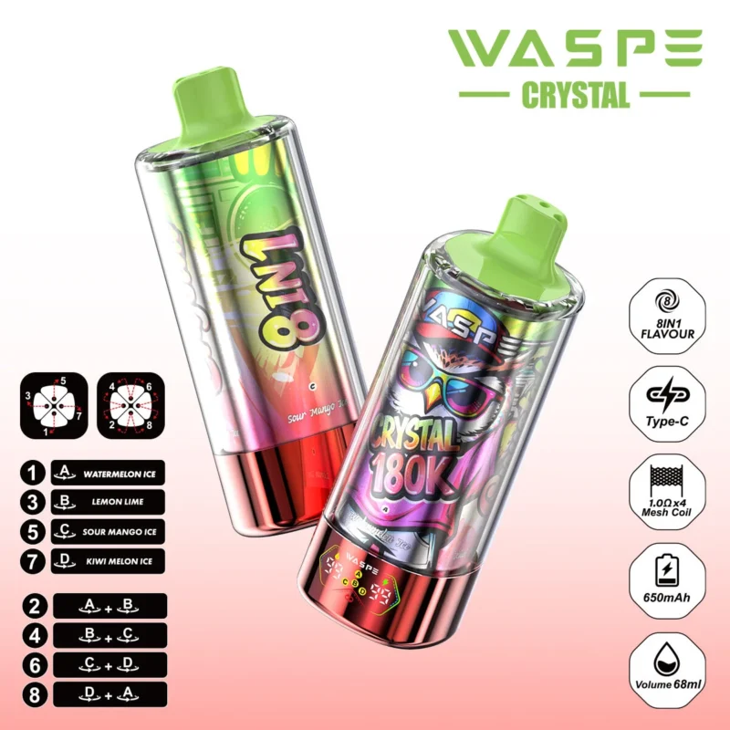 180k Waspe Crystal 180K 8 in 1 - WATERMELON ICE & LEMON LIME & SOUR MANGO ICE & KIWI MELON ICE (2)