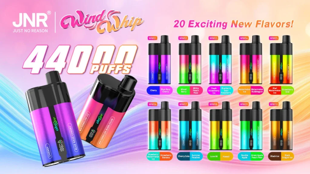 Jnr Wind Whip 44000 Adjustable Airflow 44k Puffs Vape Flavors Poster Disposable Device