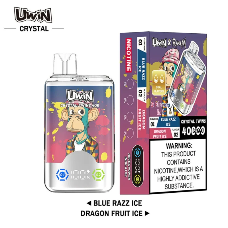 Uwin RandM Crystal Twins 40000 - Blaues Razz-Eis & Drachenfrucht-Eis