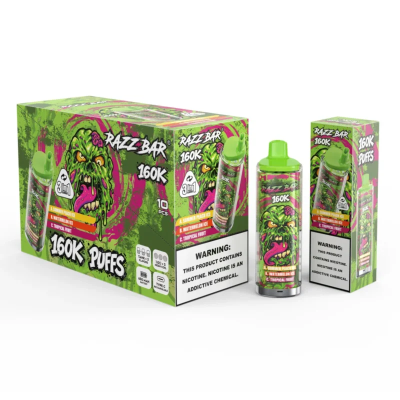 Razz Bar 160.000 160k Züge Einweg-E-Zigarette mit den Aromen Sommerpfirsich, Eis, Wassermelone und tropischen Früchten