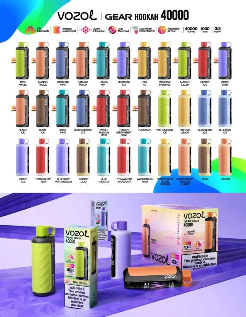 Vozol Gear Hookah 40000 40k Puffs Aroma Menü Einweg Vape Gerät