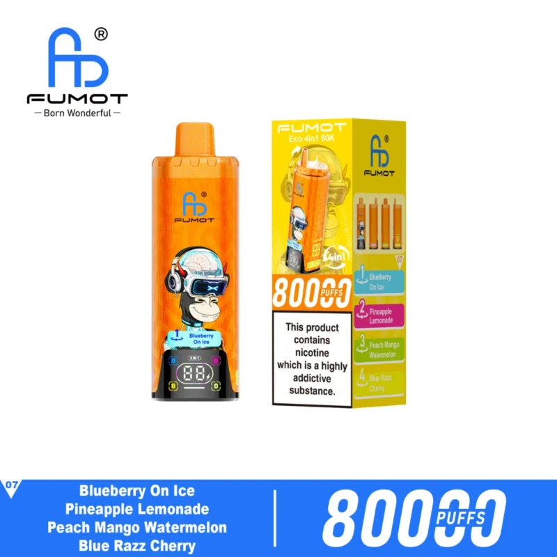 Fumot Eco 4-i-1 80k 80 000 drag engångsvape: Blåbär på is, Ananaslemonad, Persika, Mango, Vattenmelon, Blue Razz, Che
