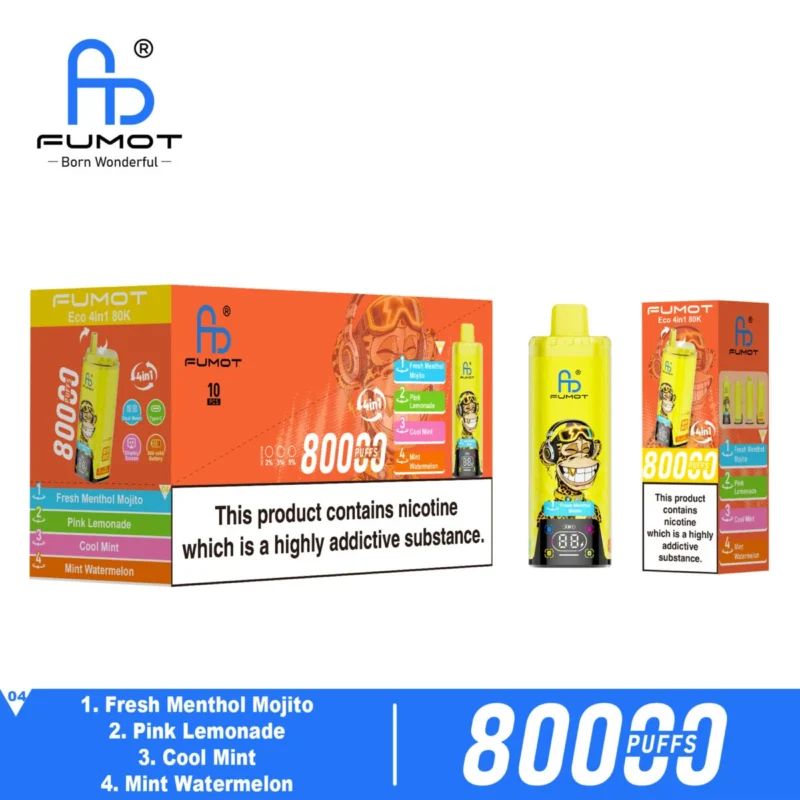 Fumot Eco 4-i-1 80k 80 000 drag engångsvape med smakerna Fresh Menthol, Mojito, Pink Lemonade, Cool Mint och Watermelon