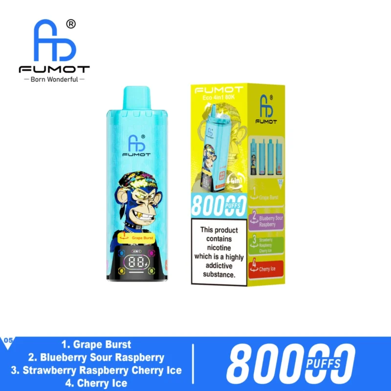 Fumot Eco 4-i-1 80k 80 000k drag engångsvape: Grape Burst, Blueberry, Sour Raspberry, Strawberry, Cherry Ice – 3 enheter
