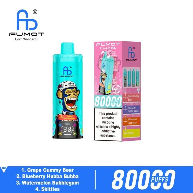Fumot Eco 4-i-1 80k 80 000 drag engångsvape: Druva, Gummibjörn, Blåbär, Hubba Bubba, Vattenmelon, Bubblegum, Skittles 2