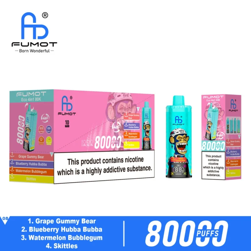 Fumot Eco 4-i-1 80k 80 000 drag engångsvape: Druva, Gummibjörn, Blåbär, Hubba Bubba, Vattenmelon, Bubblegum, Skittles