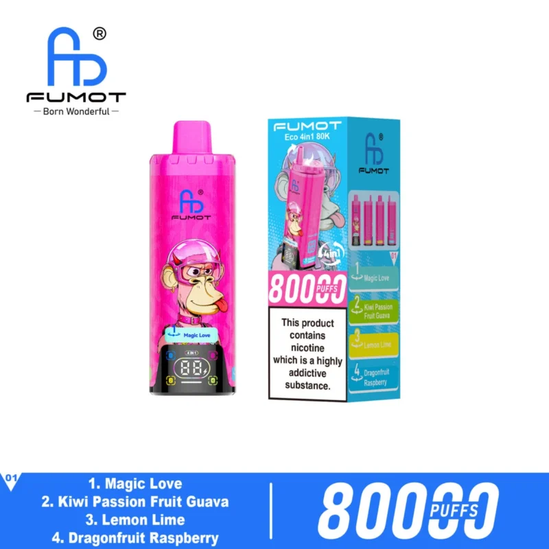 Fumot Eco 4-i-1 80k 80 000 drag engångsvape Magic Love Kiwi, passionsfrukt, guava, drakefrukt, hallon, citron, lime 2 D