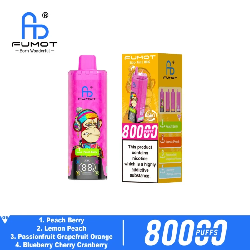Fumot Eco 4-i-1 80k 80 000 drag engångsvape: persika, bär, citron, passionsfrukt, grapefrukt, apelsin, blåbär, körsbär, tranbär