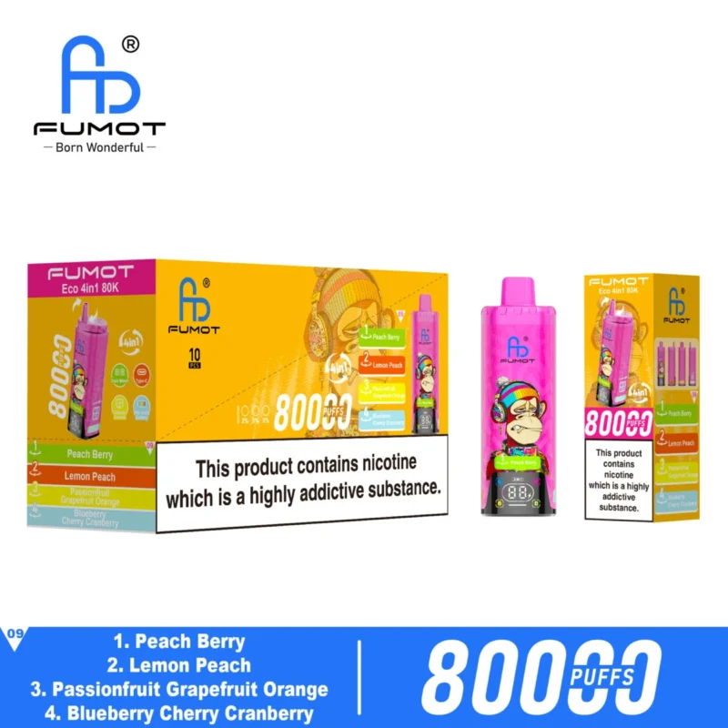 Fumot Eco 4-i-1 80k 80 000 drag engångsvape – persika, bär, citron, passionsfrukt, grapefrukt, apelsin, blåbär, körsbär, tranbär – detaljer