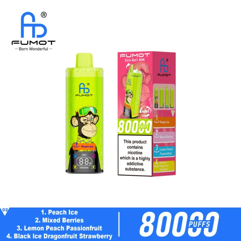 Fumot Eco 4-i-1 80k 80 000 drag engångsvape – Persika, is, blandade bär, citron, passionsfrukt, svart drakefrukt, jordgubbe – detaljer