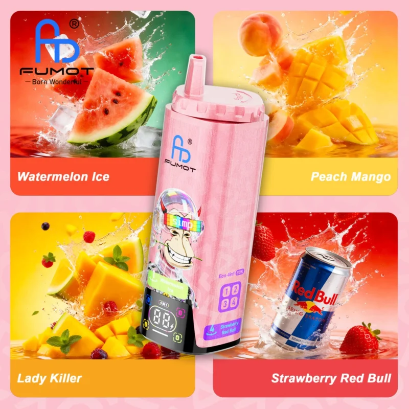 Fumot Eco 4-i-1 80k 80 000k drag engångsvape: vattenmelon, is, persika, mango, Lady Killer, jordgubb, Red Bull – 3 enheter