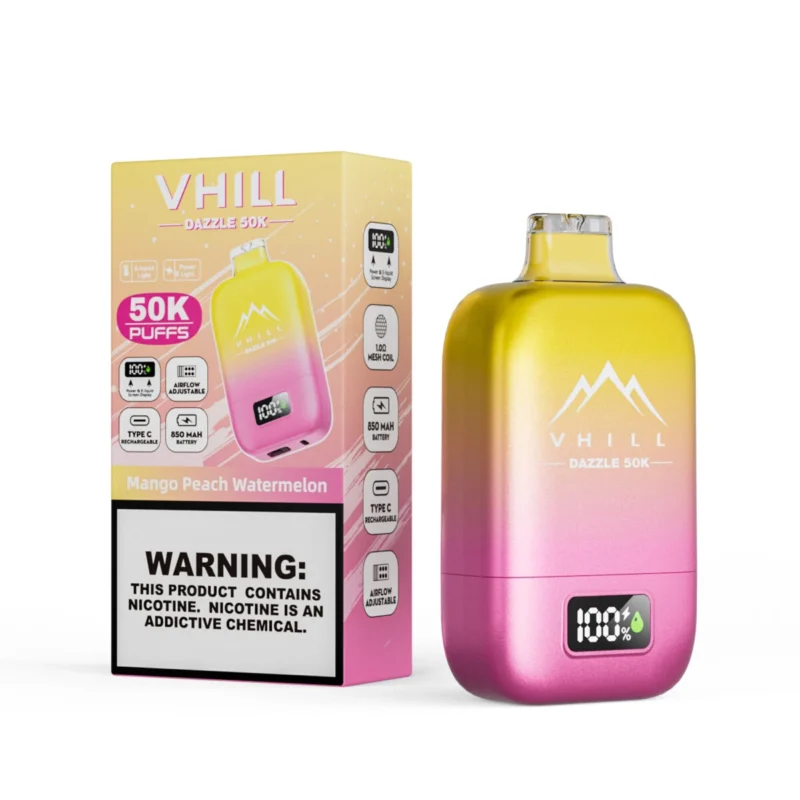 Vhill Dazzle 50000 – Einweg-E-Zigarette mit 50.000 Zügen, Geschmacksrichtungen Pfirsich, Mango und Wassermelone