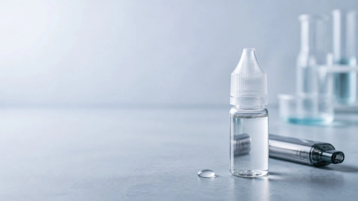 Unbranded e-liquid bottle and refillable pod device on a clean blue background