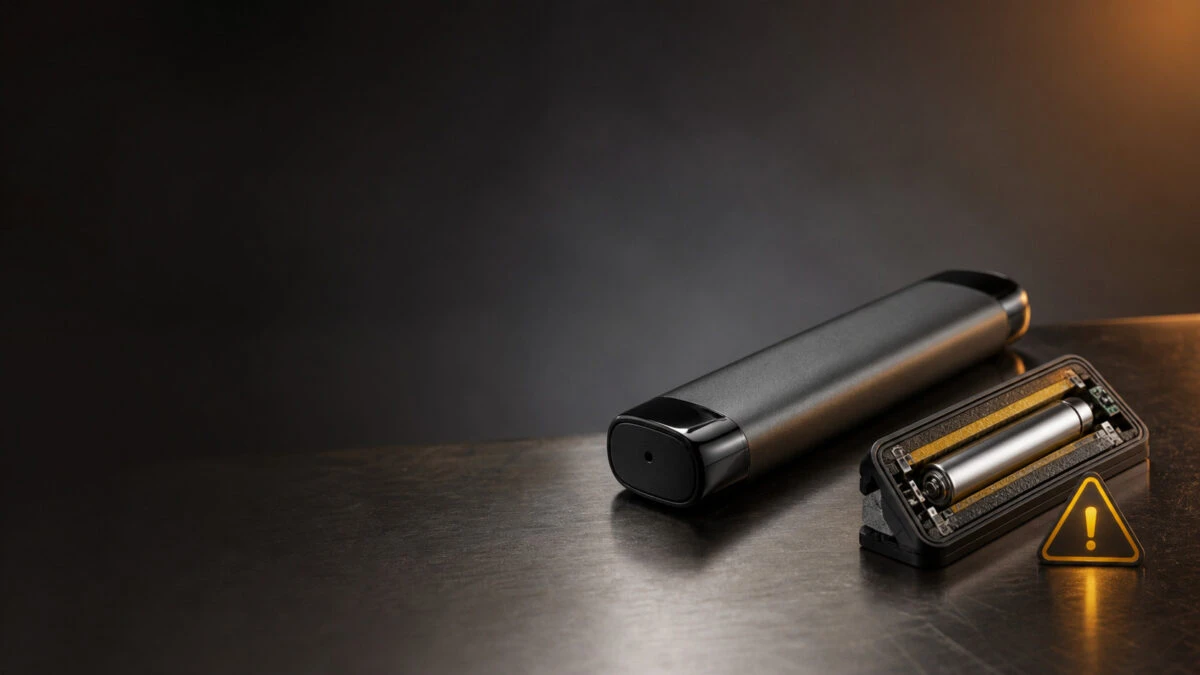 Unbranded disposable vape with a battery safety warning symbol