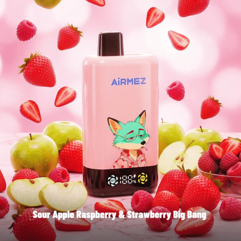 Airmez Fox 2-in-1 Pro 80k – Einweg-E-Zigarette mit 80.000 Zügen, Geschmacksrichtungen Sauerapfel, Himbeere und Erdbeere, „Big Bang“-Gerät