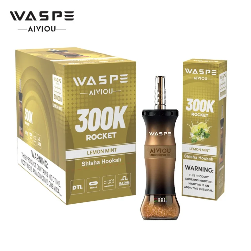 Waspe Shisha Hookah Einweg-Vape mit 300.000 Zügen, Zitronen-Minze, 3 Geräte