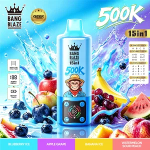 Vozolvapen Bang Blaze 500k, 500.000 Züge, 15-in-1-Vape-Geschmacksgruppe 01: Blaubeere, Eis, Apfel, Traube, Banane, Wassermelone, Sour Pe – Details