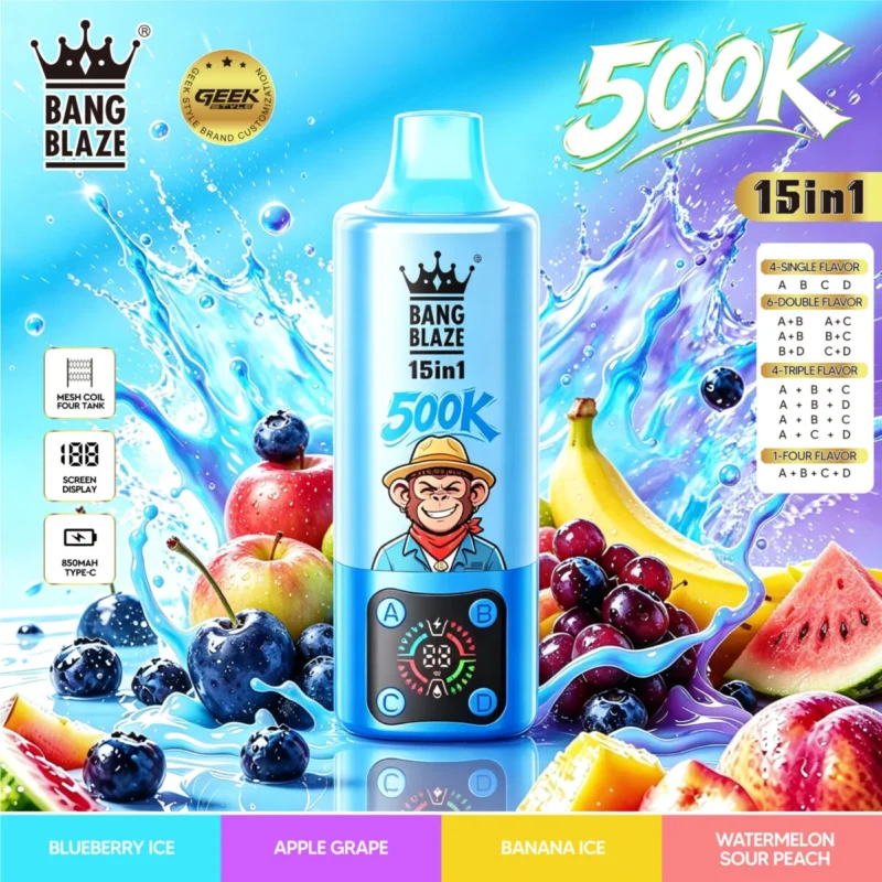 Vozolvapen Bang Blaze 500k, 500.000 Züge, 15-in-1-Vape-Geschmacksgruppe 01: Blaubeere, Eis, Apfel, Traube, Banane, Wassermelone, Sour Pe – Details