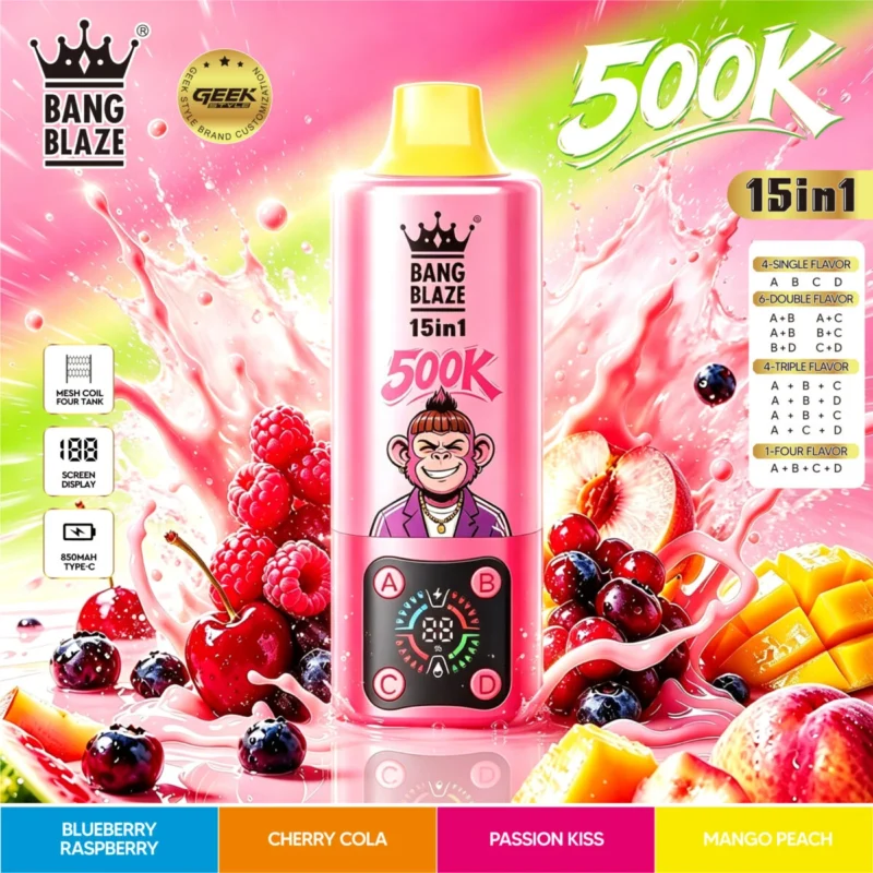 Vozolvapen Bang Blaze 500k 500.000 Züge 15-in-1-Vape-Geschmacksgruppe 02: Heidelbeere, Himbeere, Kirsche, Cola, Passion Kiss, Mango – Details