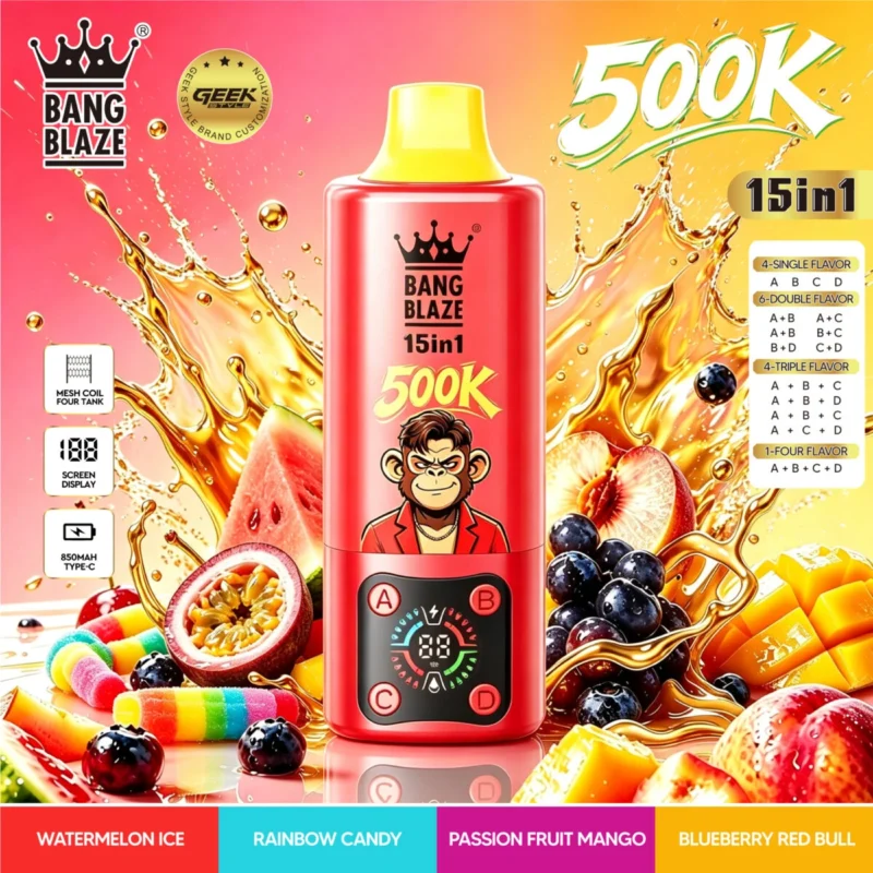 Vozolvapen Bang Blaze 500k 500.000 Züge 15-in-1-Vape-Geschmacksgruppe 04 Wassermelone, Eis, Regenbogenbonbons, Passionsfrucht, Mango, Bl – Details