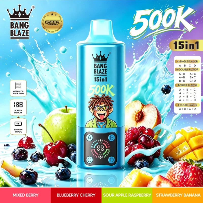 Vozolvapen Bang Blaze 500k 500.000 Züge 15-in-1-Vape-Aromengruppe 05 Gemischte Beeren, Heidelbeere, Kirsche, saurer Apfel, Himbeere – Details