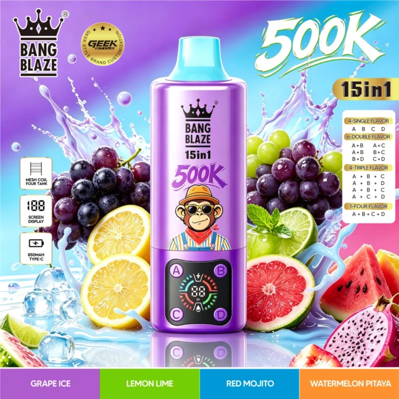 Vozolvapen Bang Blaze 500k 500.000 Züge 15-in-1-Vape-Geschmacksgruppe 06: Traube, Eis, Zitrone, Limette, Rot, Mojito, Wassermelone, Pitaya – Details