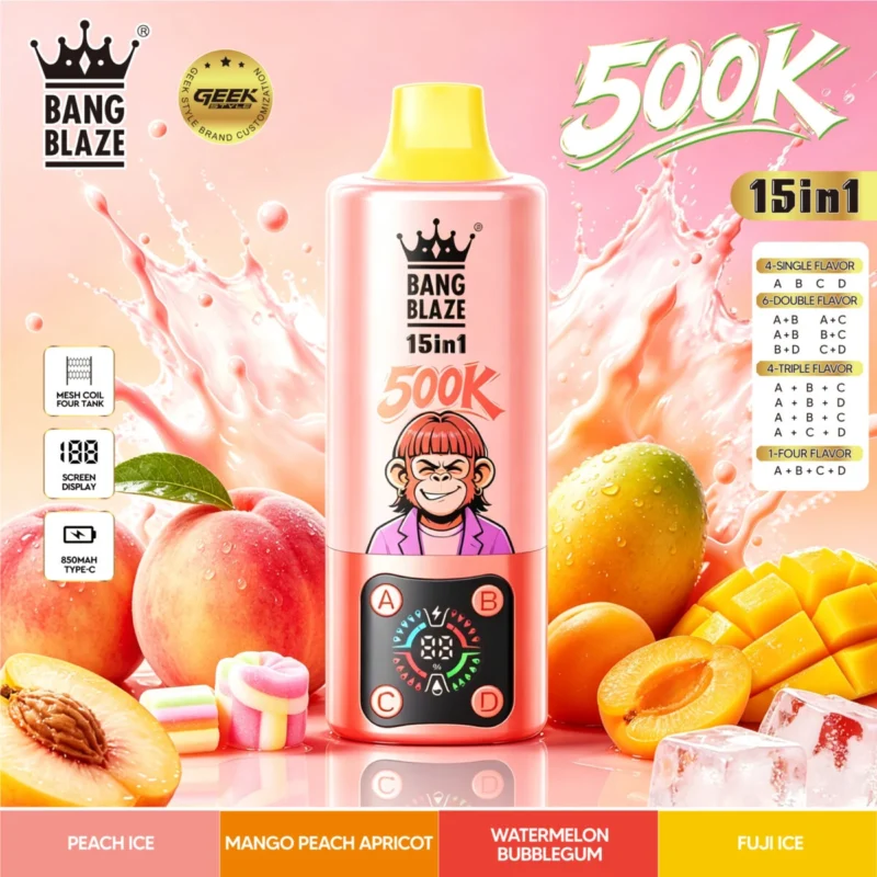 Vozolvapen Bang Blaze 500k, 500.000 Züge, 15-in-1-Vape-Geschmacksgruppe 08: Erdbeere, Mango, Heidelbeere, Wassermelone, Passionsfrucht – Details