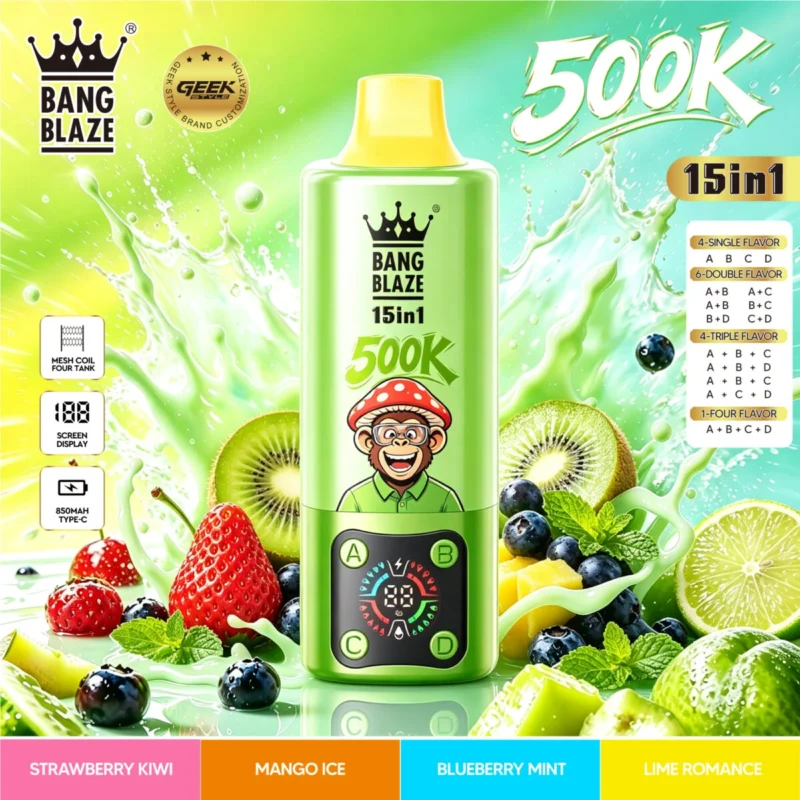 Vozolvapen Bang Blaze 500k, 500.000 Züge, 15-in-1-Vape-Geschmacksgruppe 09: Erdbeere, Kiwi, Mango, Eis, Heidelbeere, Minze, Limette, Roman – Details