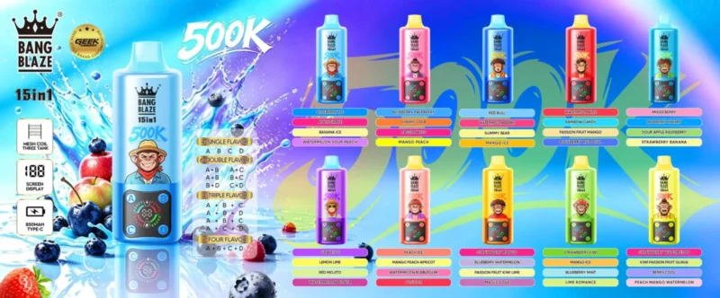 Vozolvapen Bang Blaze 500k, 500.000 Züge, 15-in-1-Vape, 10 Geschmacksgruppen im Überblick, Einweggerät