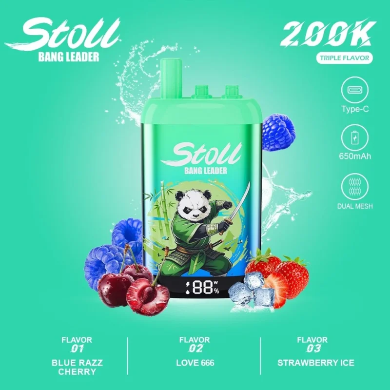 Vozolvapen Bang Leader Stoll 200k 200.000 Züge 3-in-1-Vape mit drei Geschmacksrichtungen: Blue Razz, Cherry Love, 666, Strawberry Ice, Display