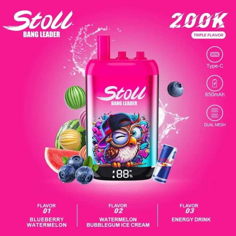 Vozolvapen Bang Leader Stoll 200k 200.000 Züge 3-in-1-Vape mit drei Geschmacksrichtungen: Blaubeere, Wassermelone, Kaugummi, Eiscreme, Energy