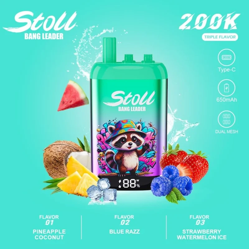 Vozolvapen Bang Leader Stoll 200k 200.000 Züge 3-in-1-Vape mit drei Geschmacksrichtungen: Ananas, Kokosnuss, Blue Razz, Erdbeere, Wassermelone