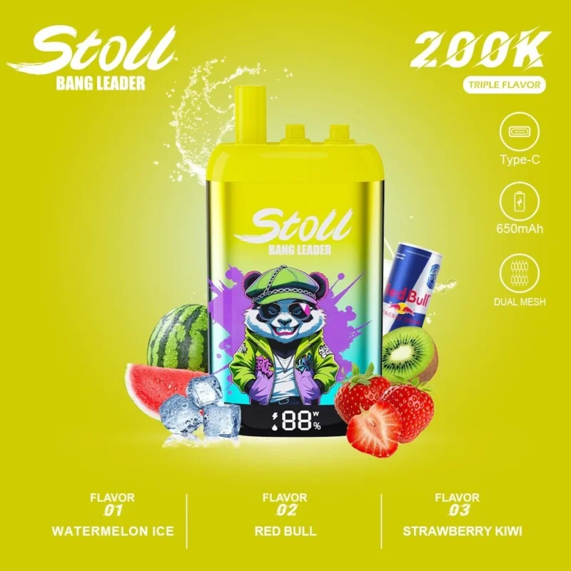 Vozolvapen Bang Leader Stoll 200k 200.000 Züge 3-in-1-Vape mit drei Geschmacksrichtungen: Wassermelone, Eis, Red Bull, Erdbeere, Kiwi – Display-Verpackung