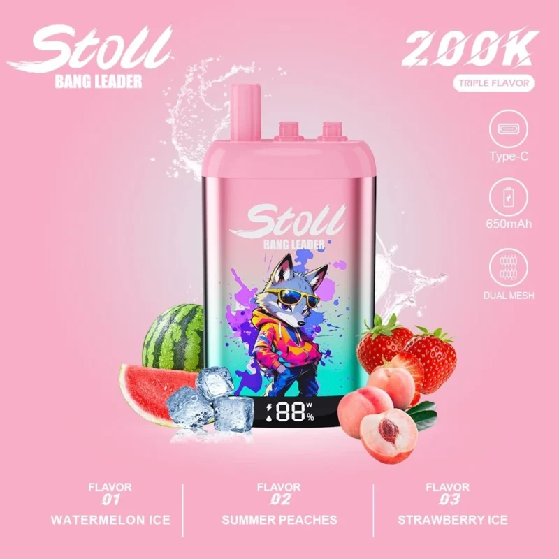 Vozolvapen Bang Leader Stoll 200k 200.000 Züge 3-in-1-Vape mit drei Geschmacksrichtungen: Wassermelone, Eis, Sommerpfirsiche, Erdbeere, Display