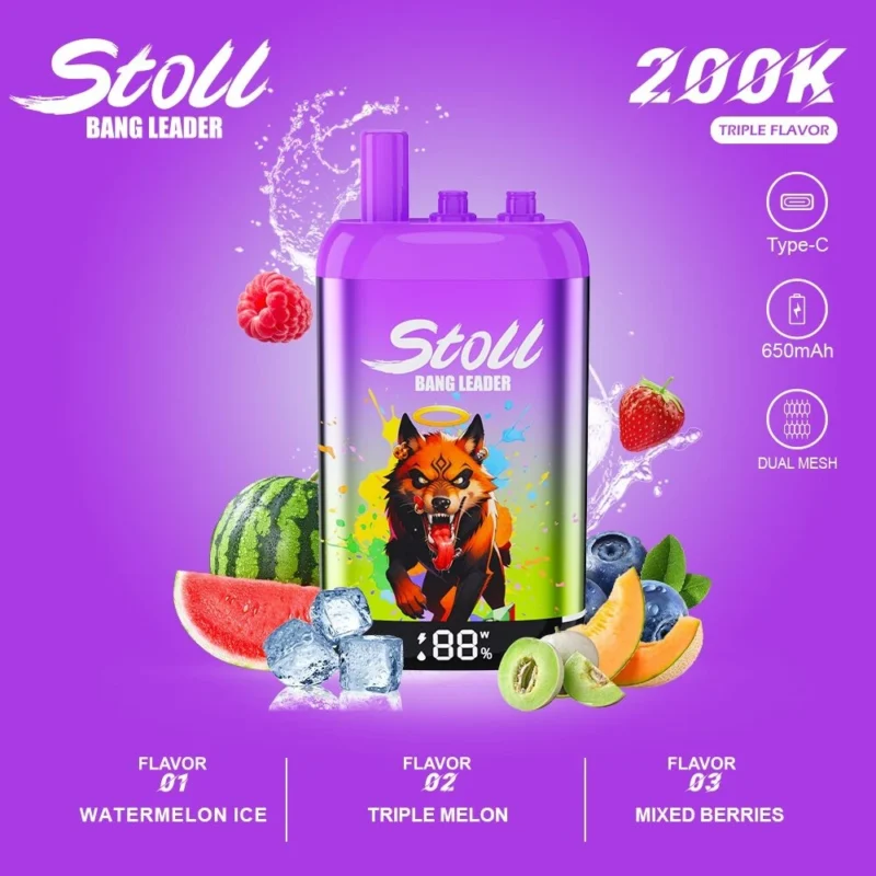 Vozolvapen Bang Leader Stoll 200k 200.000 Züge 3-in-1-Vape mit drei Geschmacksrichtungen: Wassermelone, Eis und Melone, Beerenmischung – Display-Verpackung