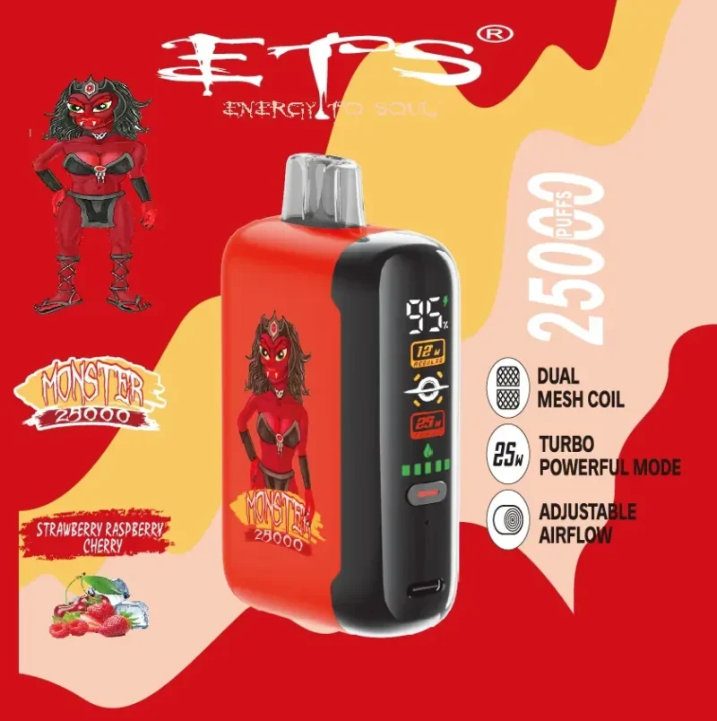 Vozolvapen Ets Monster 25.000 Züge, Erdbeer-Himbeer-Kirsch-Geschmack, Display, EU-Lager