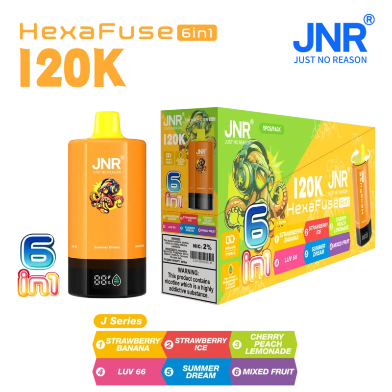 Vozolvapen Jnr Hexafuse 6-in-1, 120.000 Züge, mittlere Packungsgröße, J-Serie, 10 EU-Lager, Einweg-E-Zigaretten-Gerät
